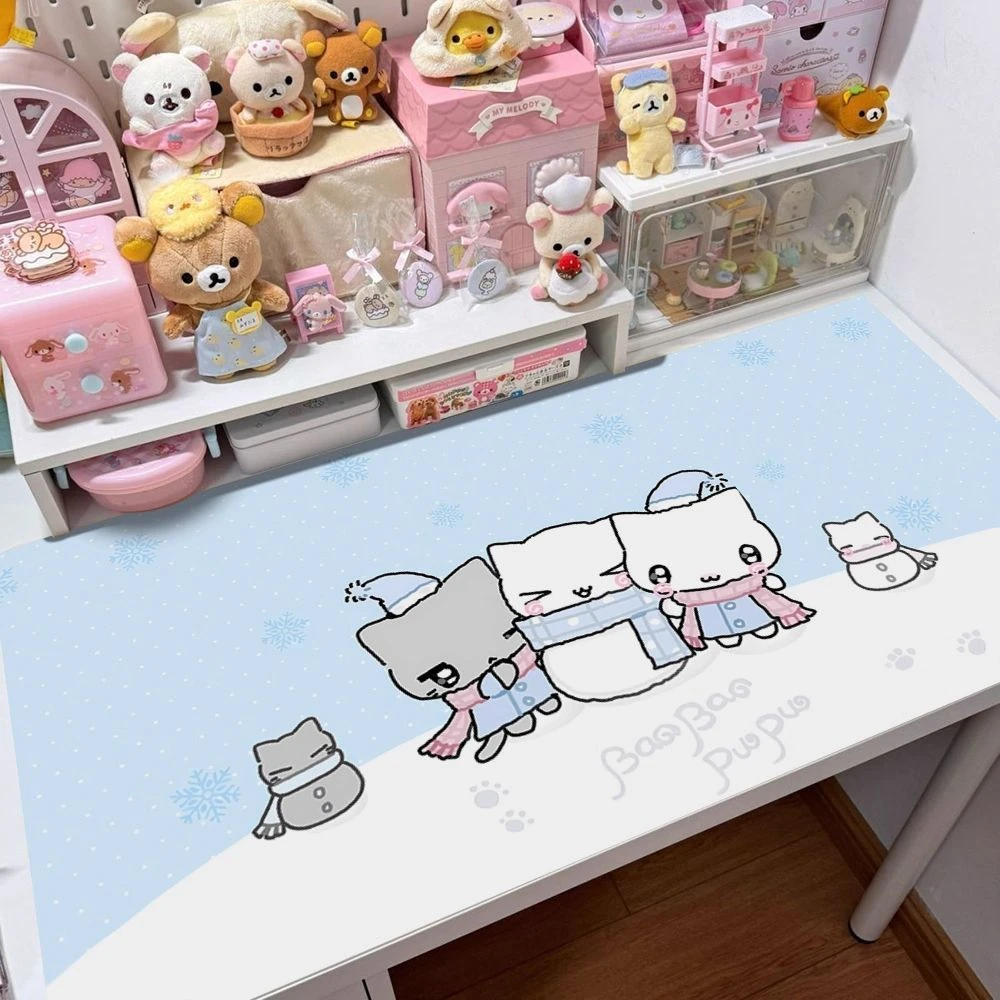 Cute Cat Polka Dot Blue Pu Leather Mouse Pad Waterproof Desk Mat Y2K Protective Game Keyboard For Dorm & Vanity Table Mat Decor