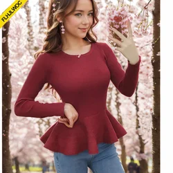 Short Ruffles Peplum Tops New 2024 Winter Women Slim Fitted Belly Green Gray Black Knitting Sweaters Jumpers Pullovers