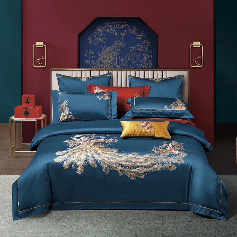 1400TC Egyptian Cotton Luxury Chinese Style Peacock Embroidery Bedding Set Duvet Cover Bed Sheet/Fitted Sheet Pillowcases 4Pcs