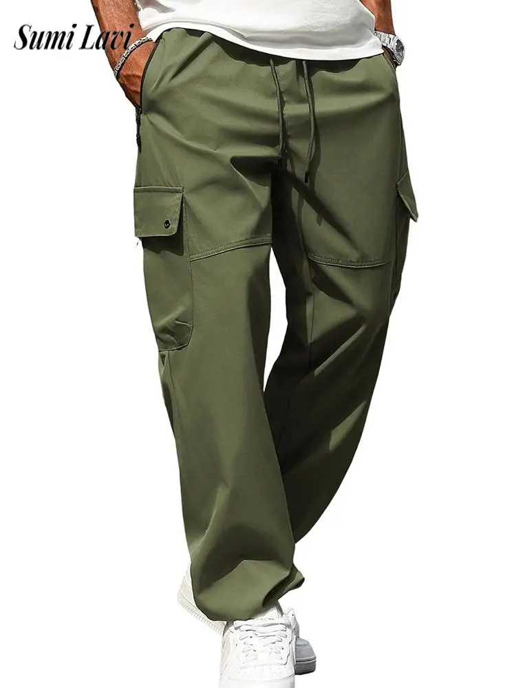

Весенне-осенние повседневные мужские свободные брюки, стильные однотонные брюки-карго с несколькими карманами, мужские модные свободные прямые брюки