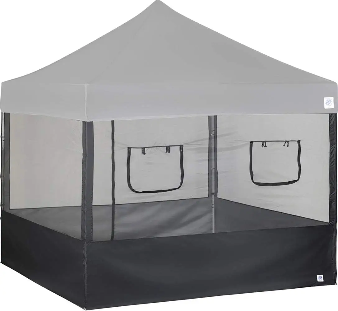 Commercial Food Booth Sidewall Kit for 10' x 10' Canopy, Black Commercial Grade Mesh, with 2 Roll-Up Serving Windows