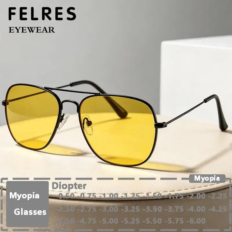 Metal Double Bridge Square Yellow Myopia Sunglasses Men Women Fashion Sun Shade Driving Prescription Eyewear Negative Diopter