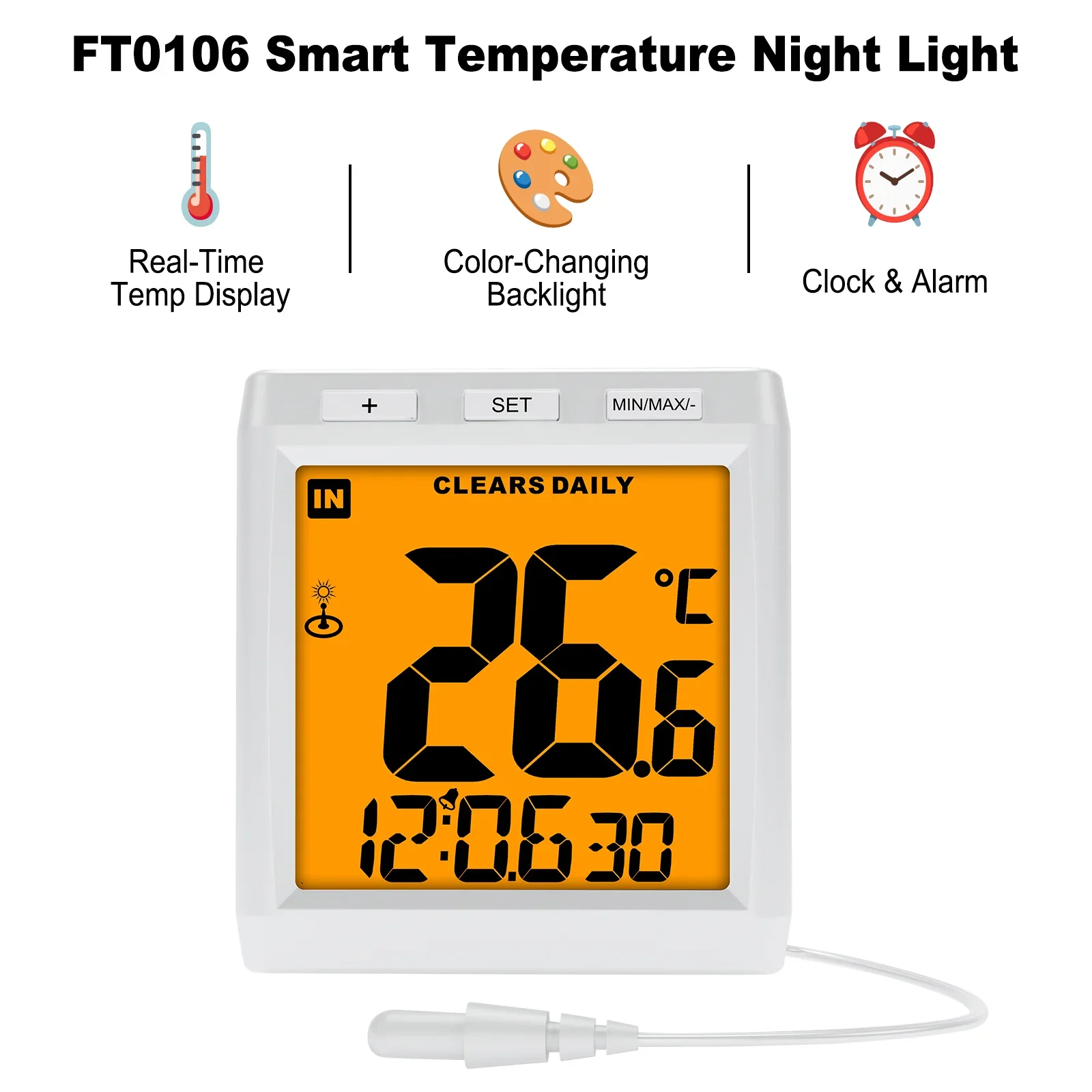 Smart Digital Indoor Thermometer with Color Changing Backlight Plug-In Wall-Mounted Night Light Display Temperature