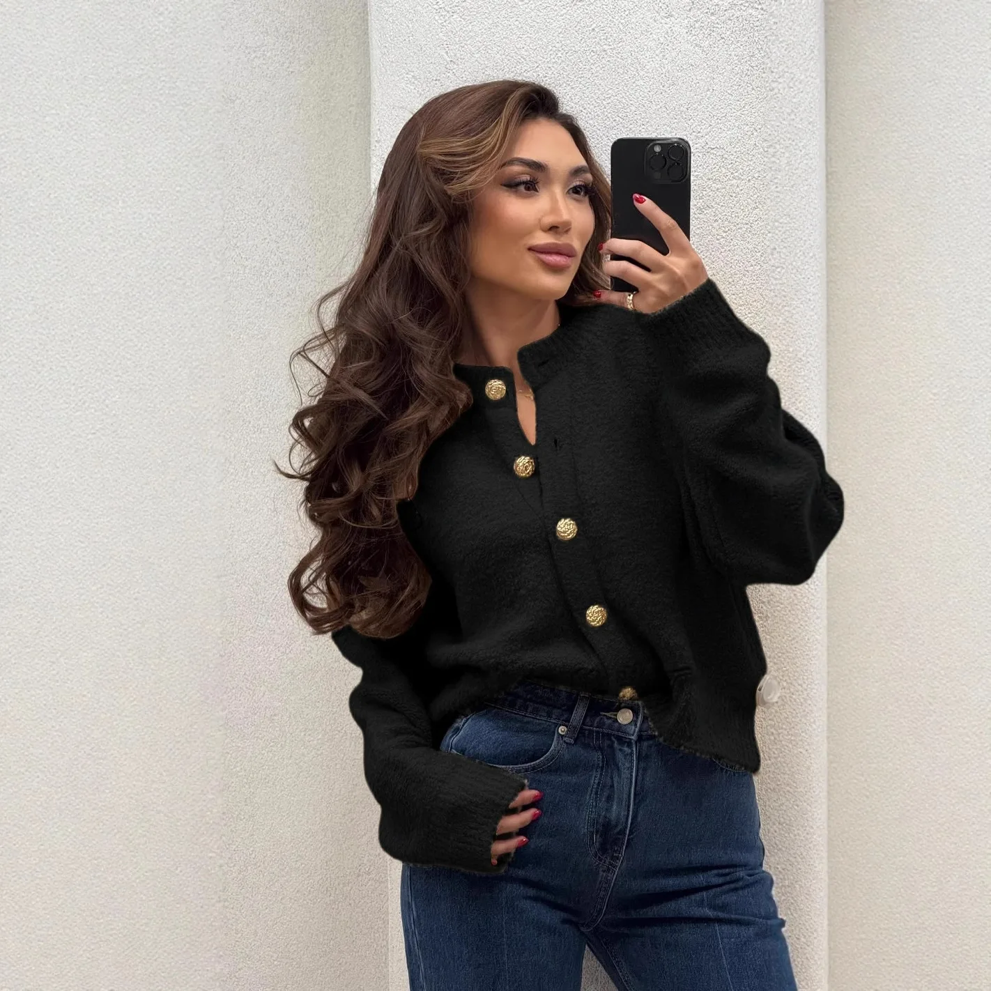 

Women Clothes Langarmpullover Button Cardigan Solid Color Office Commuting All-match Loose Knitted Sweater Herbst Damen Kleidung