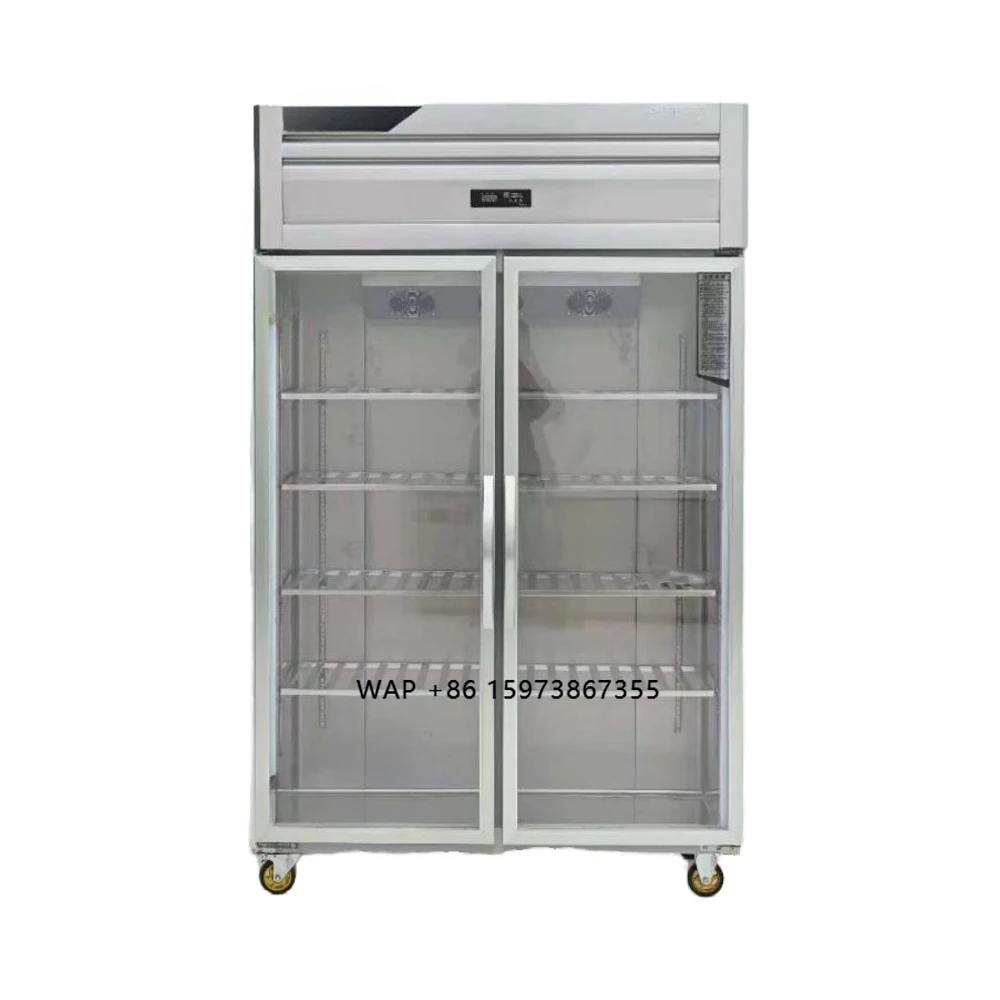 Commercial Double Door Refrigerator Stainless Steel Refrigerator Glass Door Display Fridge Food Kitchen Refrigeration Equipment
