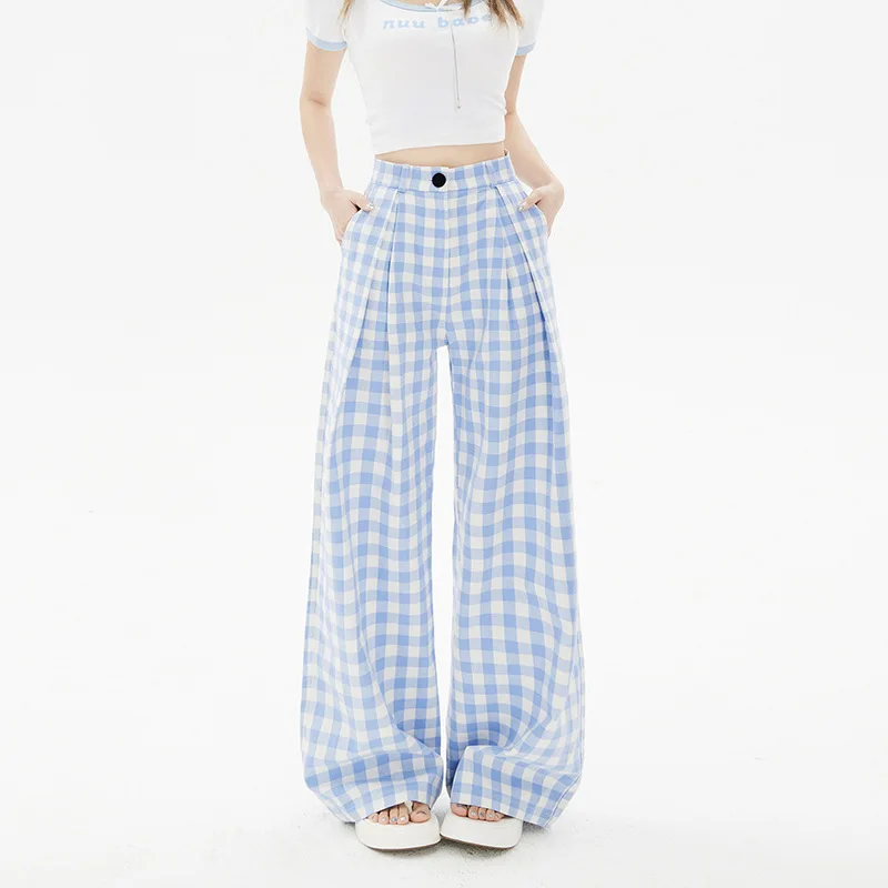 Retro high waisted loose wide leg pants look slim, checkered casual pants, women's lazy style, spring and summer new items