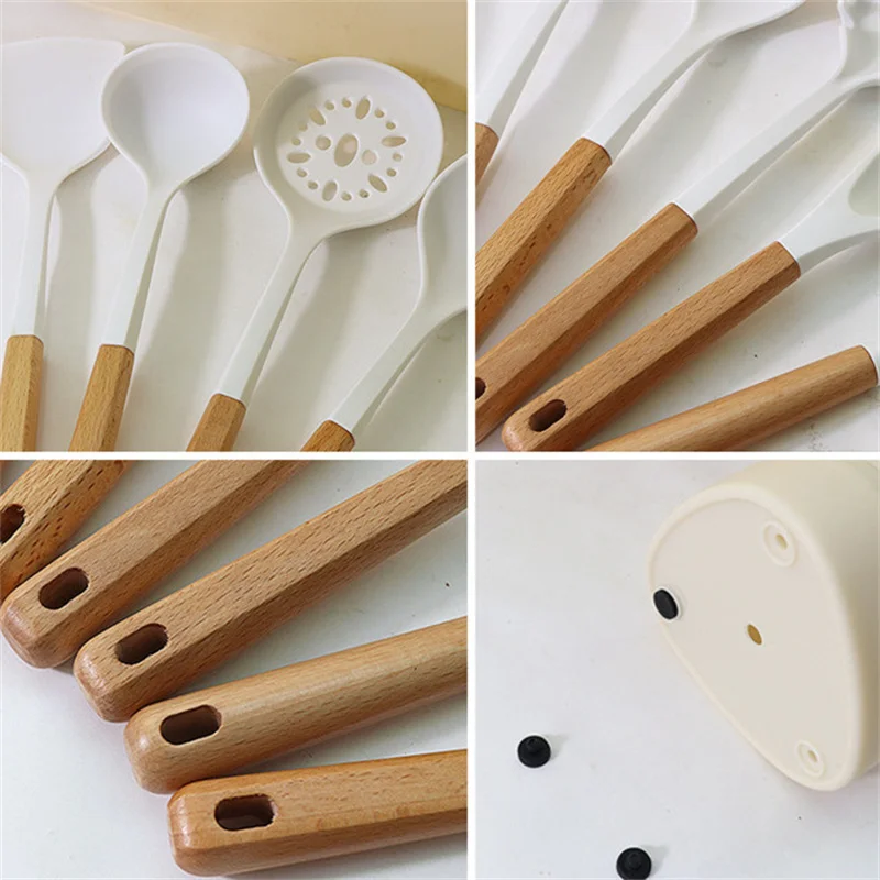 Non-stick Silicone Cooking Utensils Set  Kitchenware Wooden Handle Spatula Spoon Turner Soup Ladle Whisk Cookware  Kitchen Tools