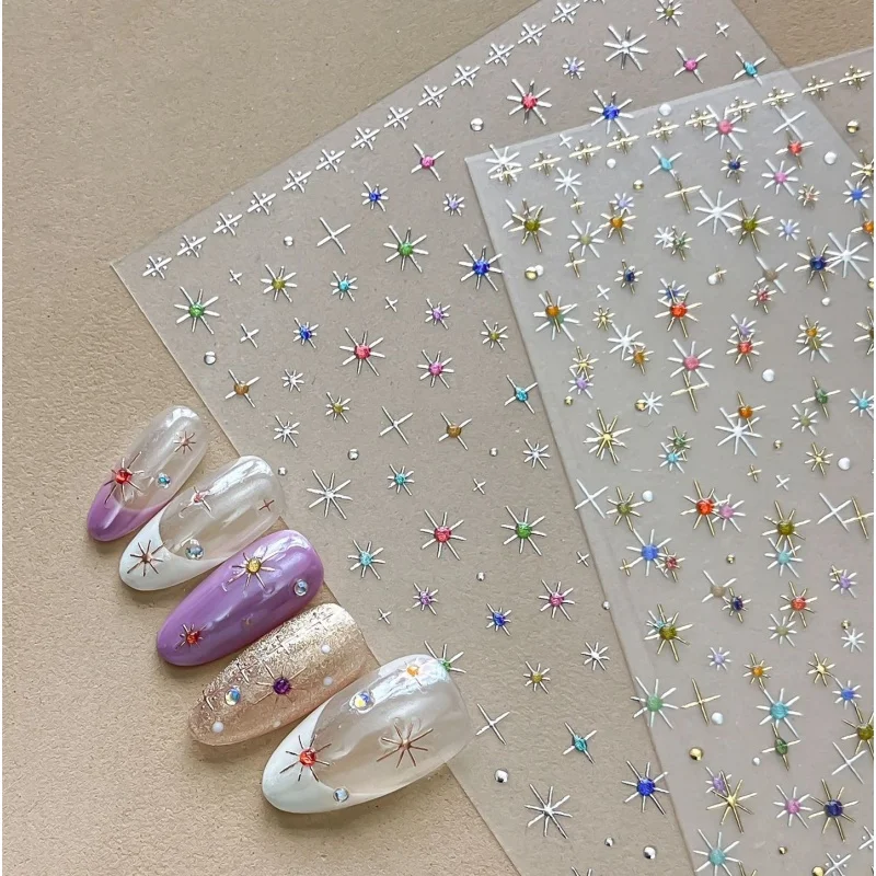 1Pcs Gold Silver Colors Eight-pointed Star Round Rhinestones Broken Diamond Line Glitter Pattern Self-adhesive Nail Stickers DIY