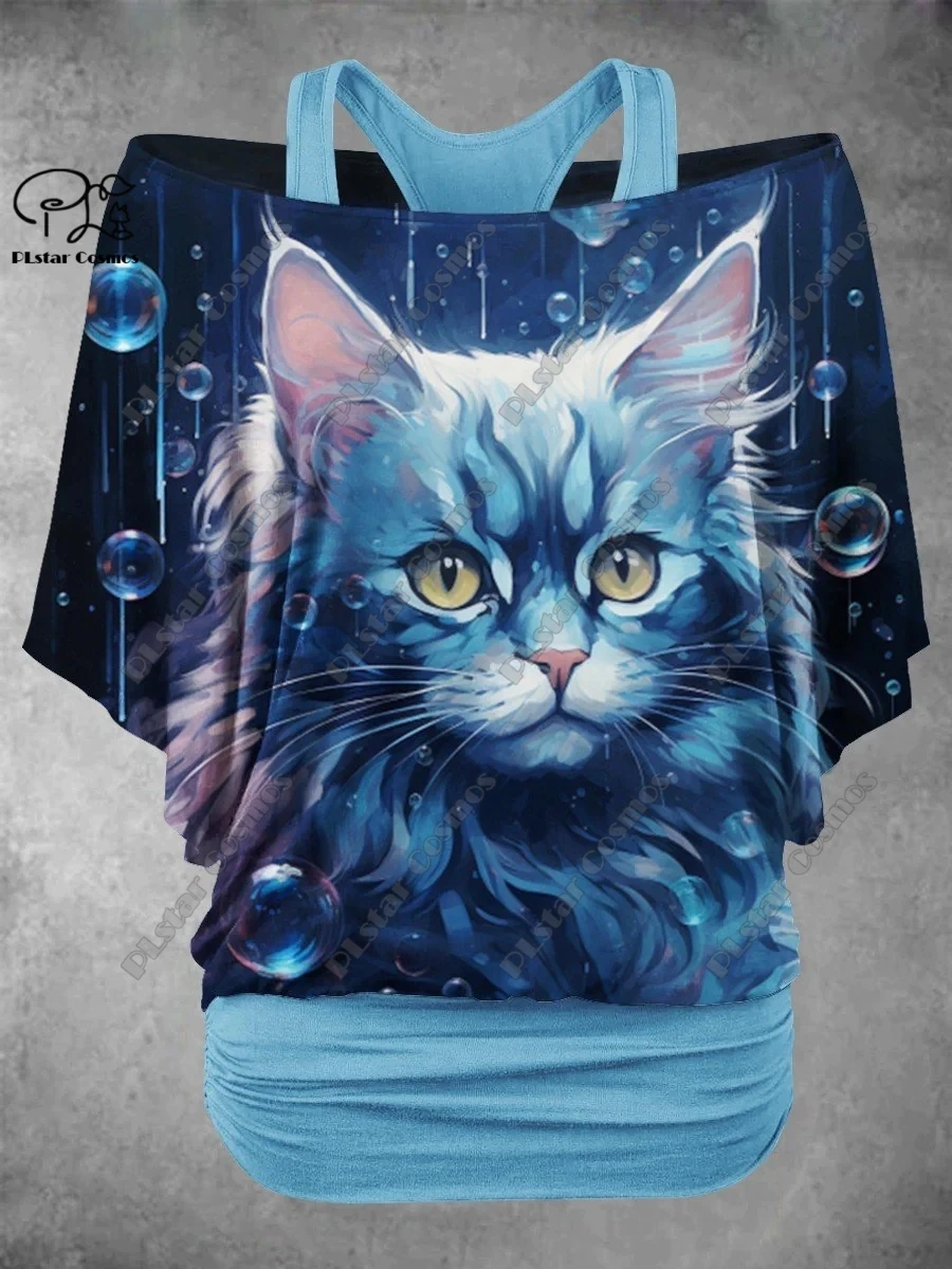 PLstar Cosmos 3D Printed Cute Kitten Pattern Fake Two-Piece Top Women's Casual T-Shirt Harajuku Streetwear M-2