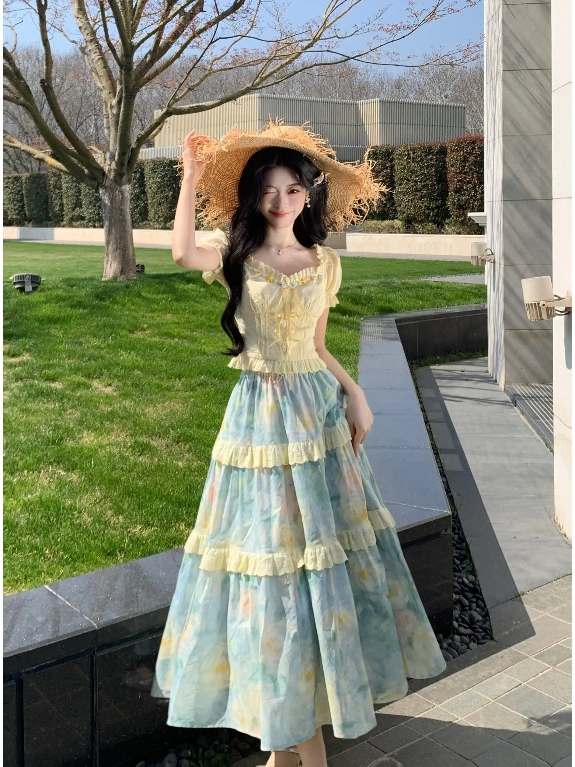 

Burjuman Popular Dopaamine Holiday Style Embroidered Short Sleeve Waist Cinched Top Print Half Skirt Set Summer Fashion Ensemble