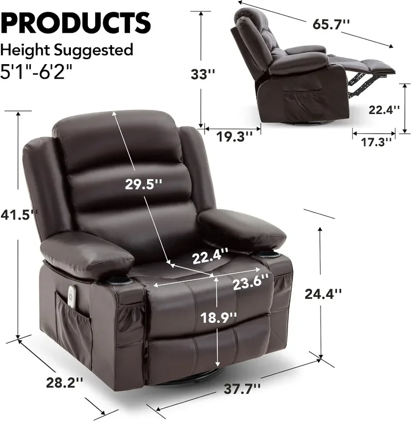 Rocker Recliner Chair with Heat and Massage, 360° Swivel Recliner Chairs for Adults, Oversized Recliner Single Sofa Seat with Cu