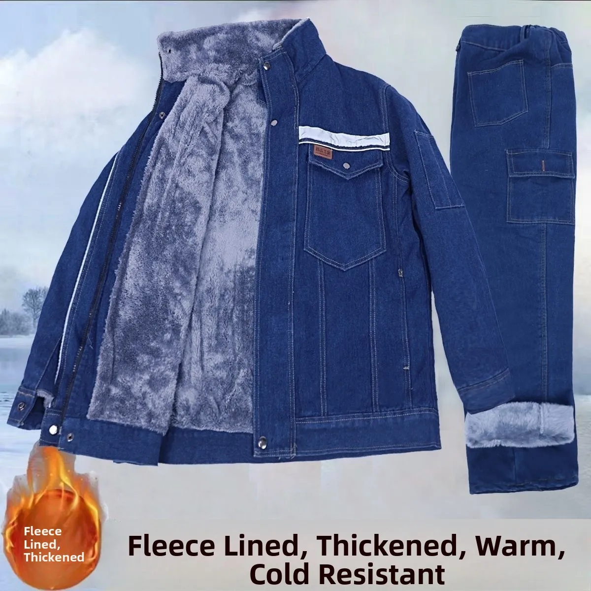 Thickened Fleece Workwear Jeans Pants for Welding Resistant to Wear And Heat Retaining Long Sleeve Stand Collar Single Button...
