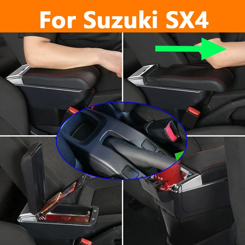

Детали модификации автомобиля для Suzuki SX4, ящик для хранения внутренней центральной консоли, черный органайзер для подлокотника из искусственной кожи с подстаканником