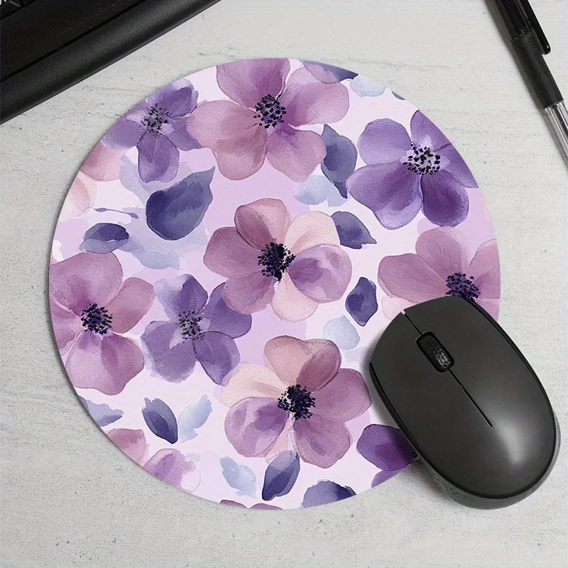 1pc Purple Floral Round Mouse Pad Non Slip Rubber Surface Desk Accessories Desk Pad Pc Setup Accessories Mouse Mat Rug Computer