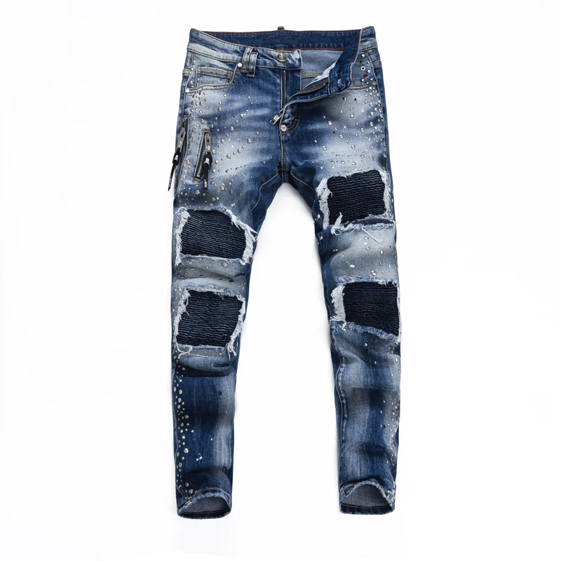 y2kFashionable men's retro blue denim bead washed nostalgic perforated patch elastic slimming jeans hip-hop brand pants Y2K
