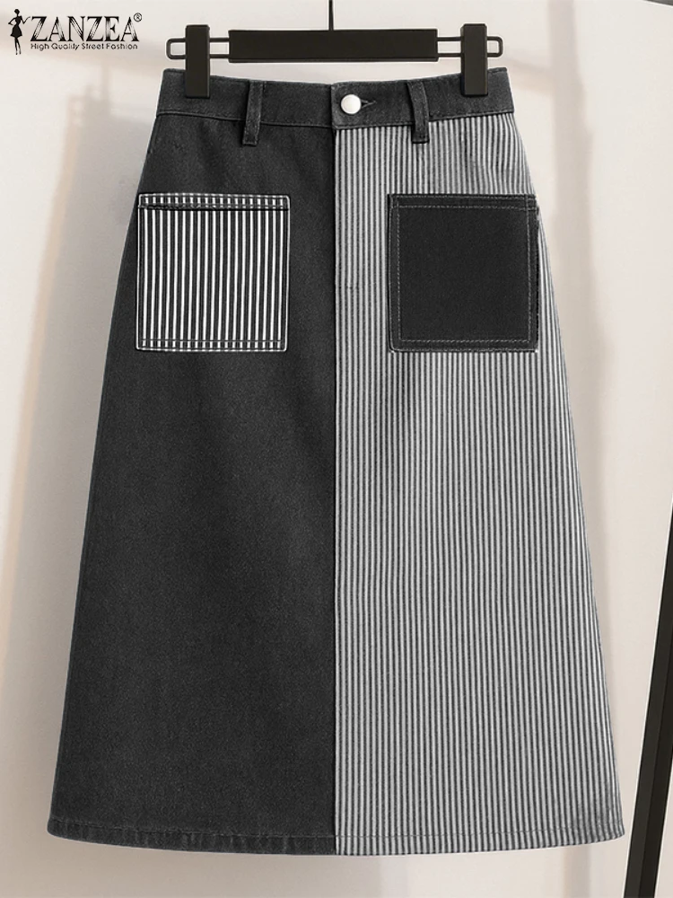 ZANZEA Faldas largas de moda para mujer, Jupes con cintura elástica, Maxi Faldas a rayas Saia 2025, pantalones de cintura alta para otoño, pantalones de trabajo informales