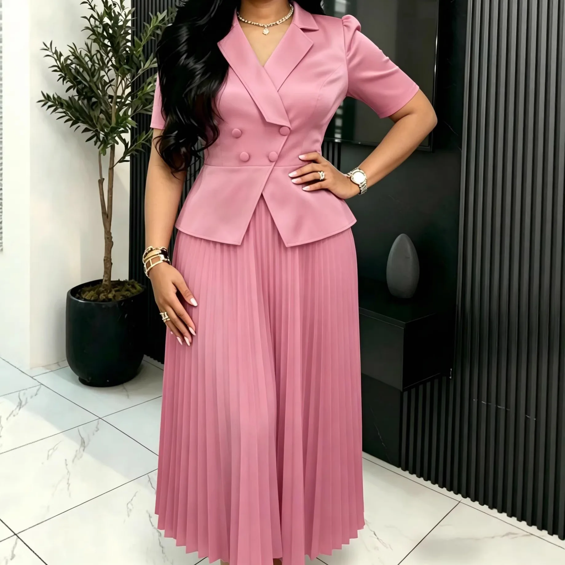 

Africa Clothing Womens V Neck Short Sleeve Button High Waist A Line Simple Office Lady Business Cocktail Party Dresses