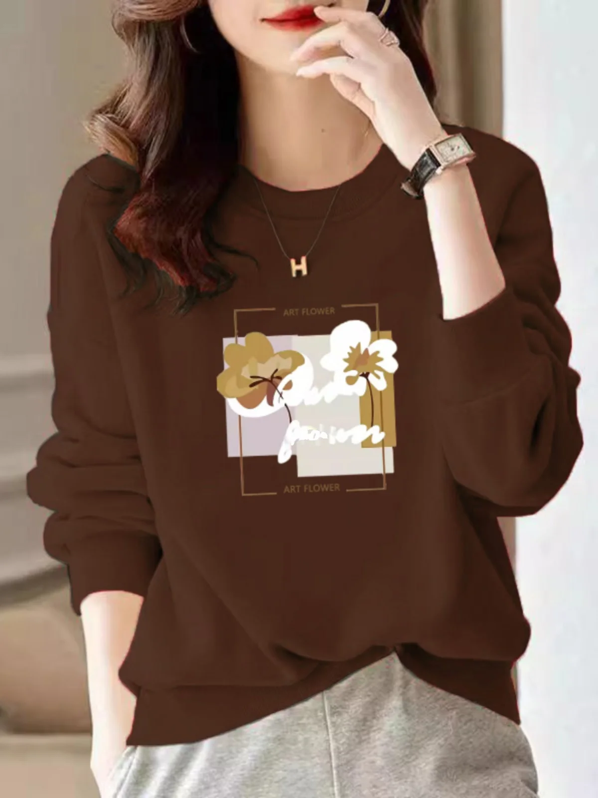 

Толстовка из 100% чистого хлопка с длинными рукавами, с принтом, свободного кроя, базовый слой, для осени и зимы, теплая, повседневная, уличная одежда