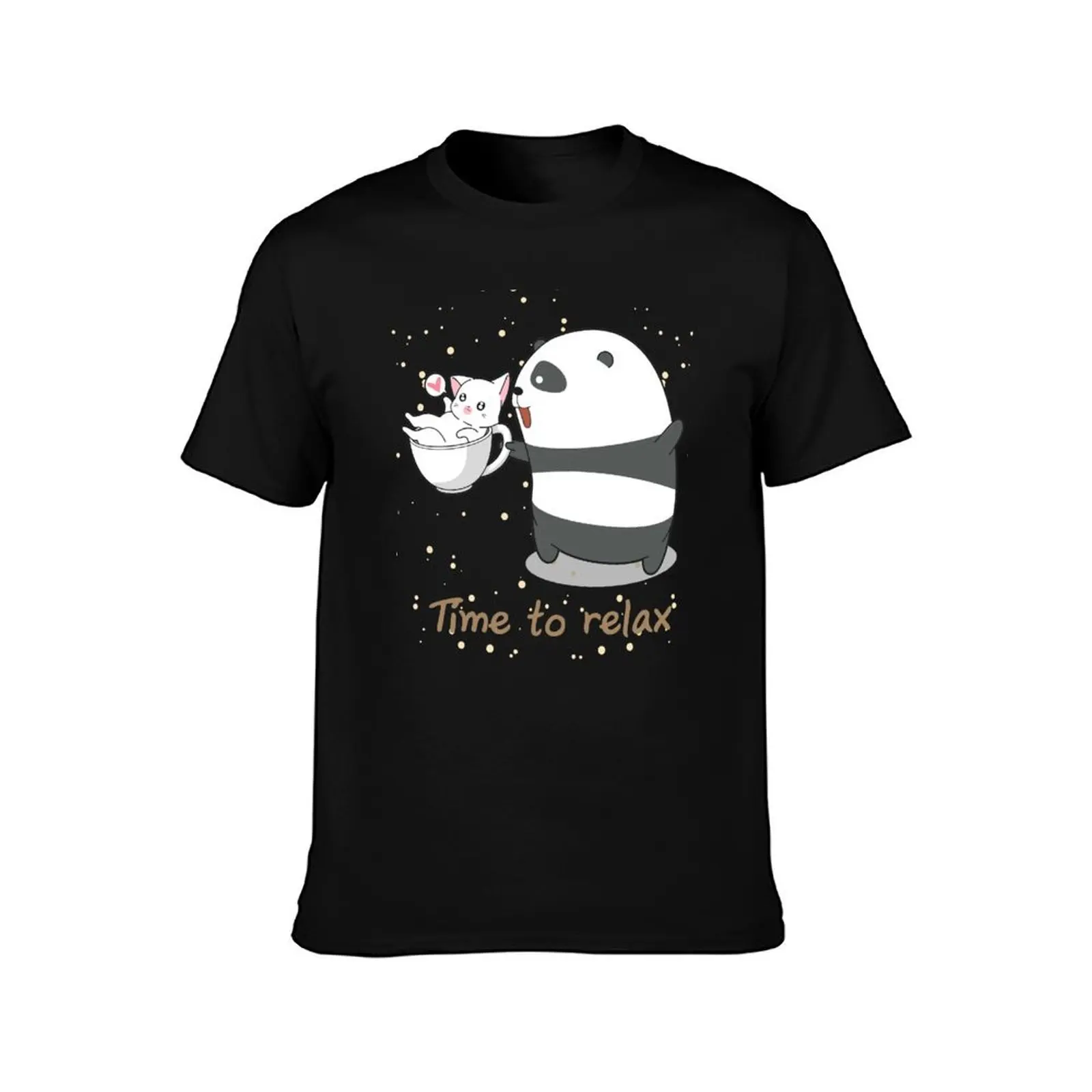 Time to relax and love Panda and cat in coffee cup T-Shirt Anti-Pilling Casual T-Shirt