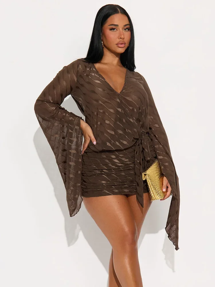 

Mesh Backless Long Sleeve Sexy Mini Dress Women Elegant Fashion V Neck High Waist Ruched Beach Club Party Dresses