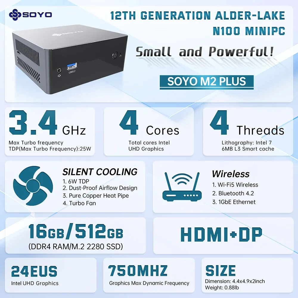 SOYO M2 Plus كمبيوتر صغير Intel Alder Lake N100 Windows11 Pro 8 DDR4 256 M.2 SSD WiFi5 BT5.0 USB3.2 كمبيوتر صغير محمول
