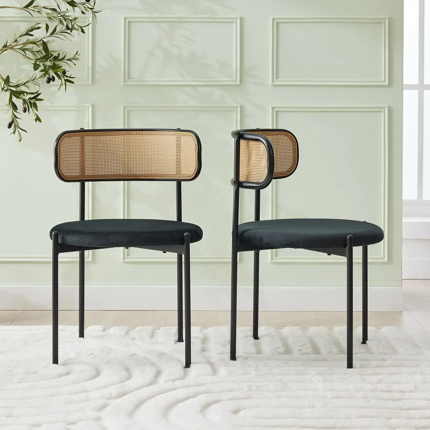 

Комплект из 2 обеденных стульев в стиле середины века с плетеным сиденьем из букле и спинкой из ротанга, для кухни в стиле фермерского дома, на заказ