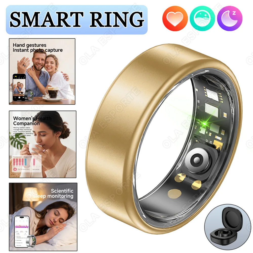 Neuer Smarter Ring Ola Esporte Farbenfroher Vollgrößen-Ring 6-14 Herzfrequenz Blutdruck Gesundheits-Smartring Fotoaufnahme Wasserdichter Ring mit Etui