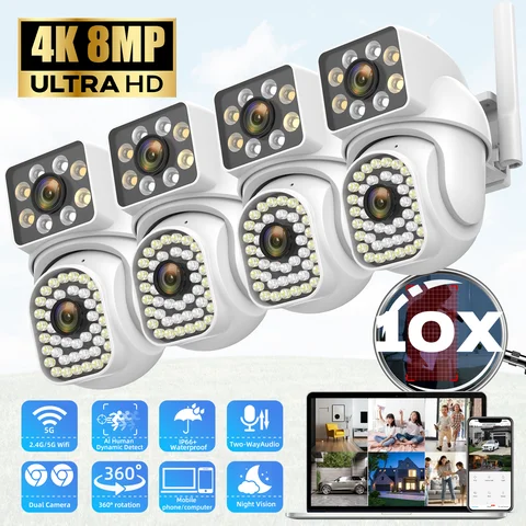 Cámara de seguridad IP con WIFI, dispositivo de vigilancia con lente Dual, Zoom 10X, 8MP, 5G, 4K, PTZ, resistente al agua, visión nocturna a Color, detección humana
