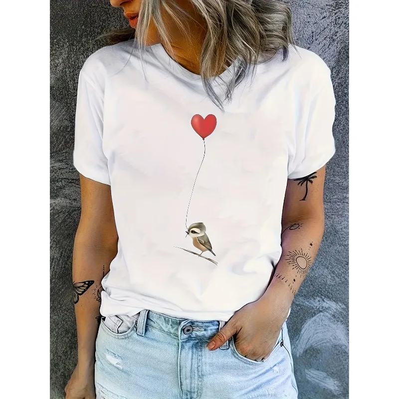 New Bird Heart Printed Round Neck T-shirt for Women's Spring and Summer Casual Short Sleeved Top Cotton Trendy Women's T-shirt