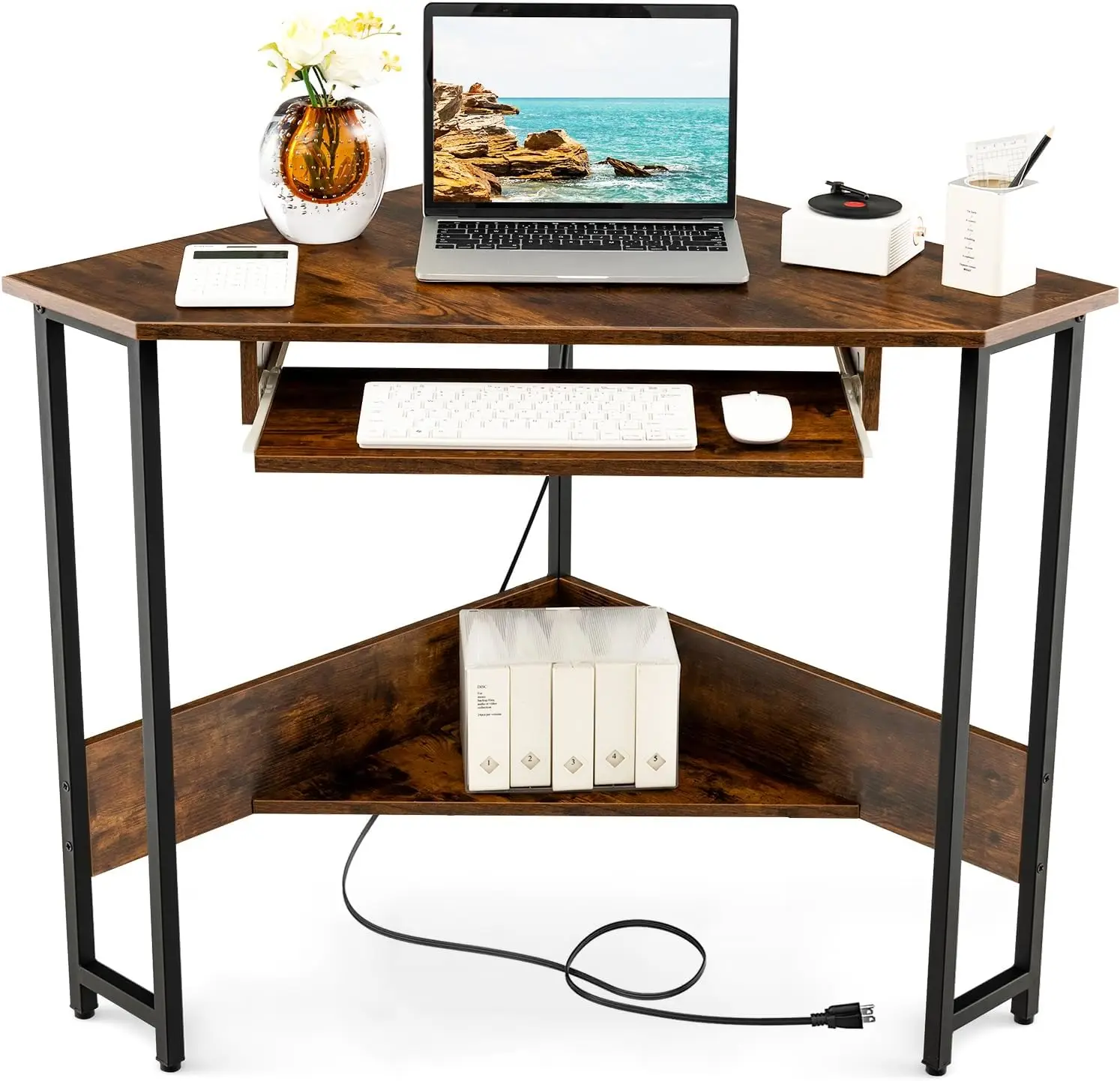 90-Degree Triangle Corner Computer Desk for Small Space, Industrial Writing Desk with Storage Shelf, Space-Saving Laptop PC