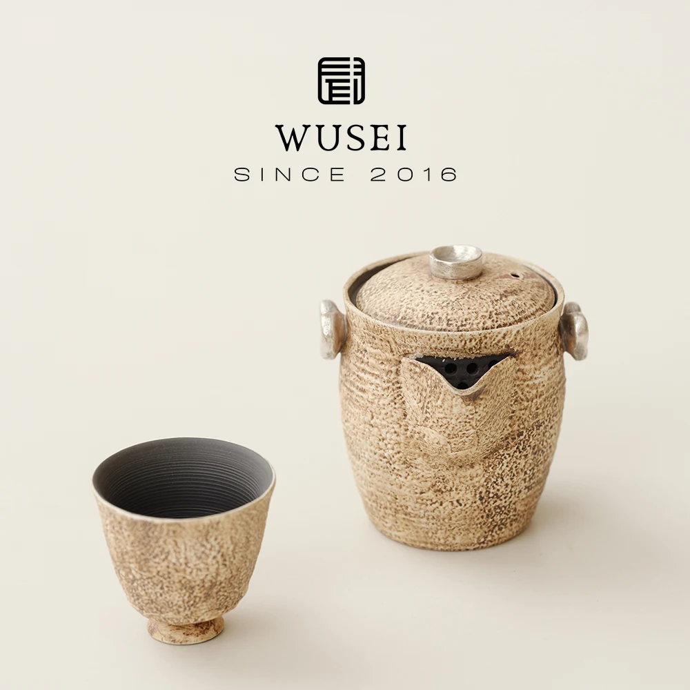 Wusei Retro Stone Texture Clay Tea Pot Silver Plated Bodhisattva Vase Tea Brewing Set Handmade Texture Non-Heatable Ceramic