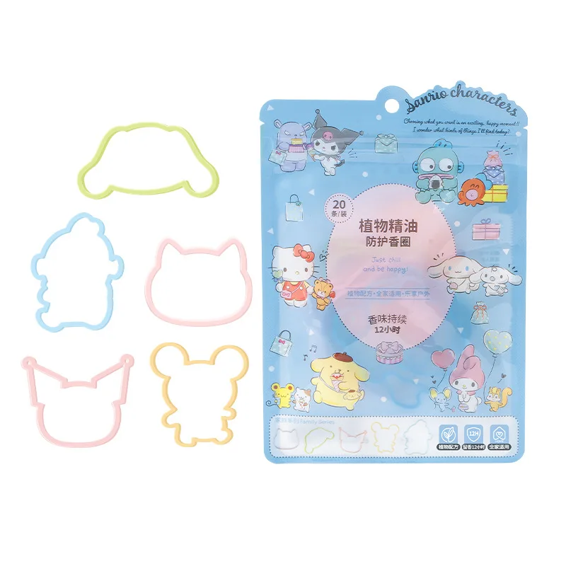 카와이 산리오스 헬로 키티 쿠로미 마이 멜로디 한요돈 모기 퇴치 식물 에센셜 오일 실리콘 팔찌, 20 개/백