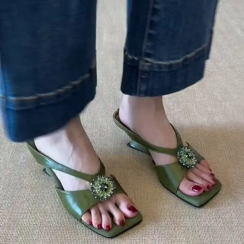 Elegant Vintage Square Toe Rhinestone Shaped Wedge Outside Versatile Fashion Slippers