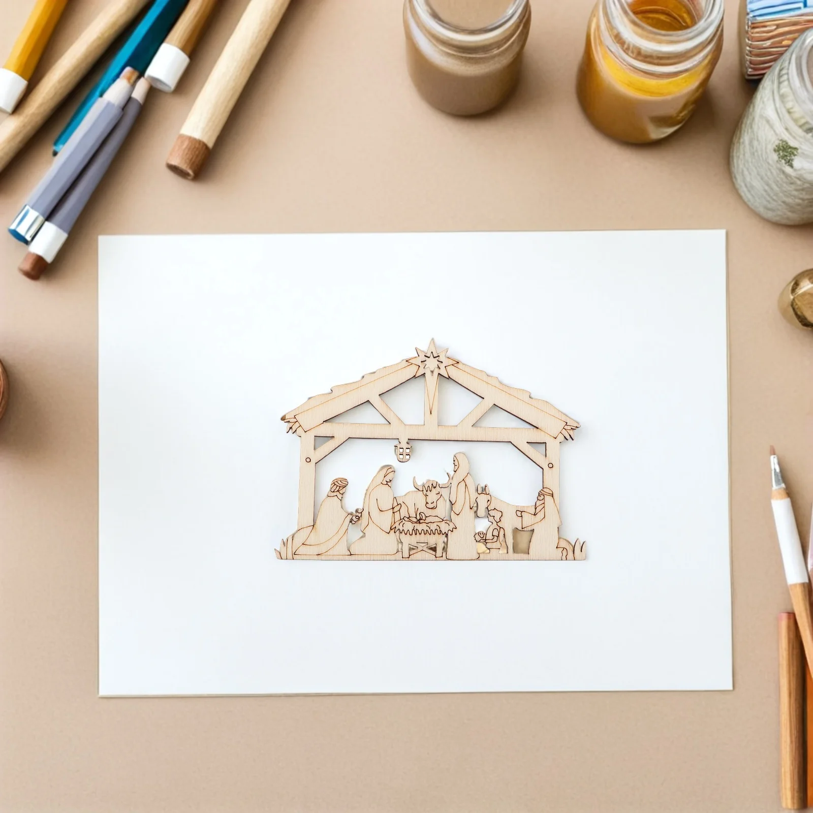 

50Pcs DIY Wooden Cutouts for Christmas Tree Decorations The Birth of Jesus Christian Ornament Set with Rope for Home Nativity