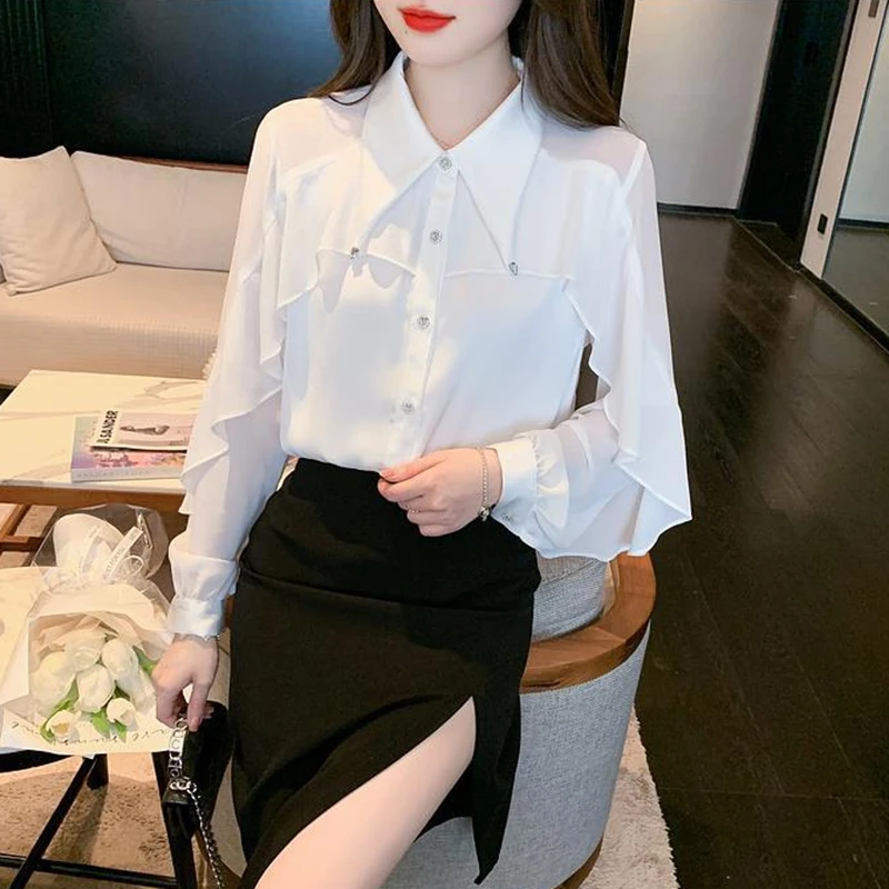 Chemises blanches à volants élégantes pour femmes, vêtements coréens à manches longues Y2k, hauts décontractés pour dames, chemisiers de bureau en mousseline de soie surdimensionnés, 2025