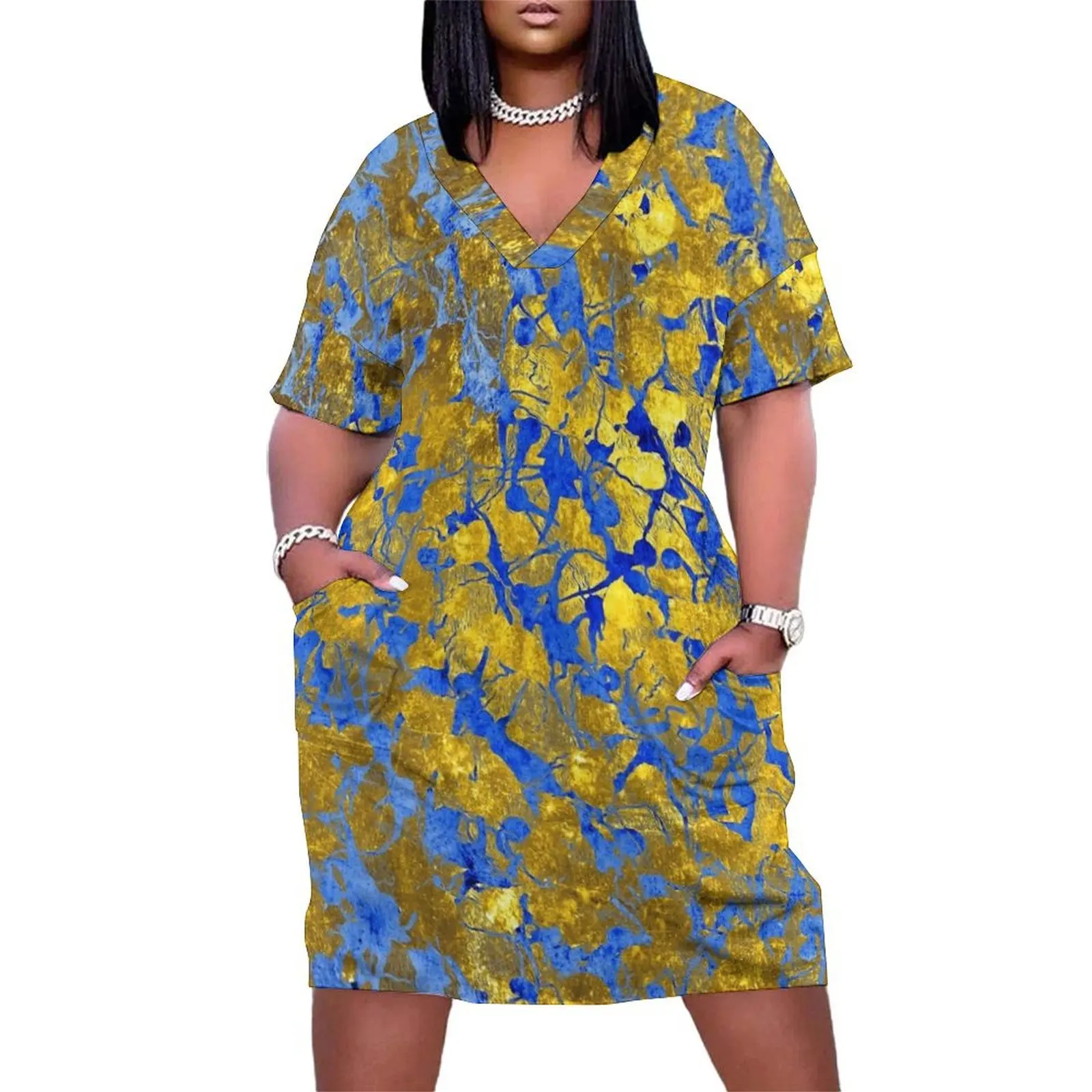 Blue Splash on Gold Loose Pocket Dress clothes for women women