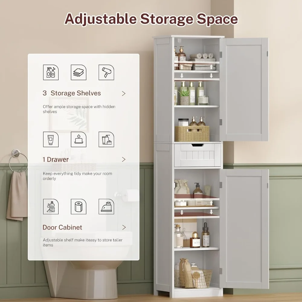 خزانة حمام طويلة 67 بوصة مع بابين ودرج واحد، خزانة تخزين حمام ضيقة مع أرفف قابلة للتعديل، لغرفة المعيشة، E #5