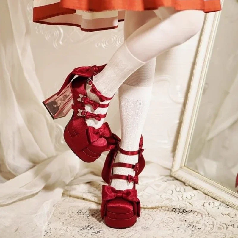 

Women Lolita High Heels Transparent Crystal Heel Burgundy Maryjane Style Elegant Single Shoes Adult Occasion