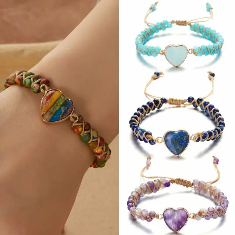 Handmade Natural Stone Braided Beads Bracelet Adjustable Heart Shape Bangle Women Jewellery Valentine's Day Accessories 2024 New