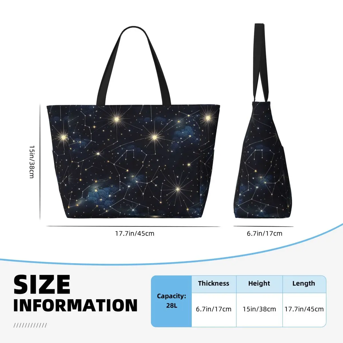 Night Sky Golden Celestial Stars Zodiac Constellations Beach Tote Bag Sport Gym Yoga Large Tote Bag Women Travel Bag Fitness bag