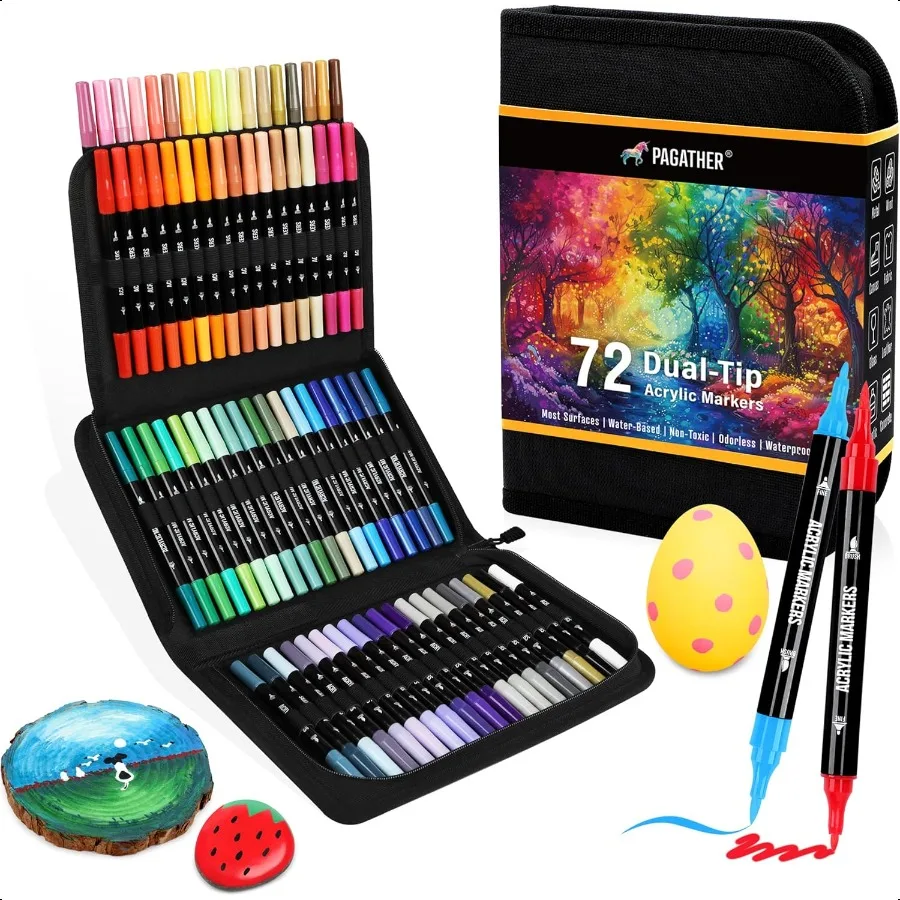 

72 Colors Acrylic Paint Markers Dual Tip with Fine Tip and Brush Tip Pens for Stone Wood Calligraphy Canvas Ceramic Metal Glass