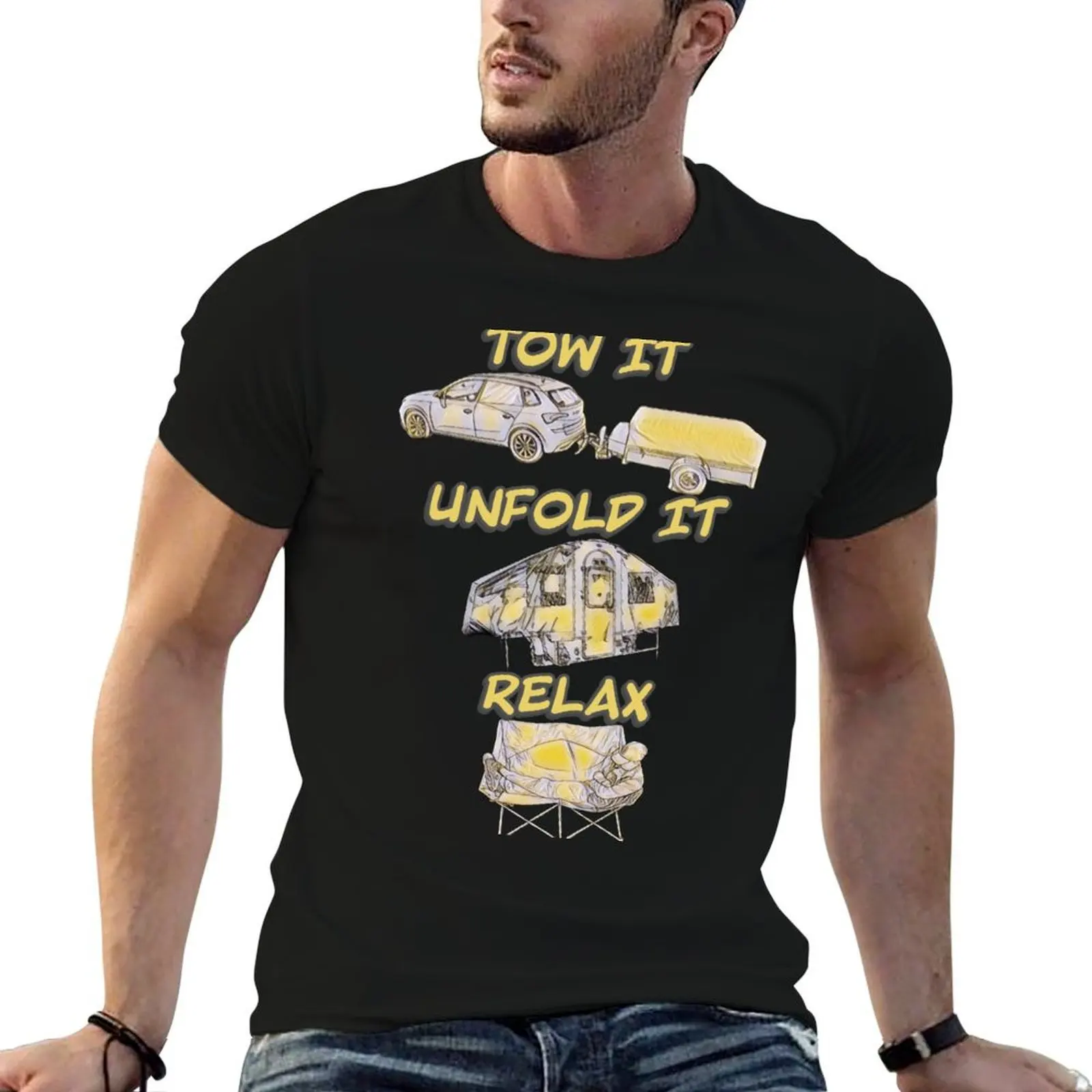 Tow it, Unfold it, Relax - Grey and Yellow Trailer Tent T-Shirt sweat anime stuff mens t shirts pack