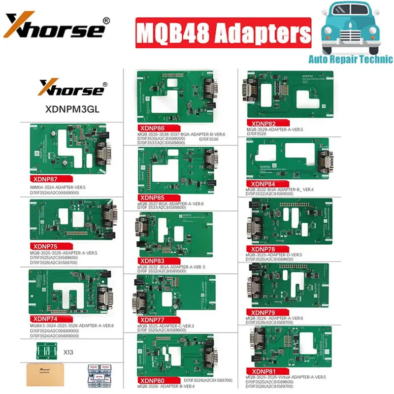 

2023 Xhorse MQB48 No Disassembly No Soldering 13 Full Set Adapters XDNPM3GL for VVDI PROG and Key Tool Plus Pad