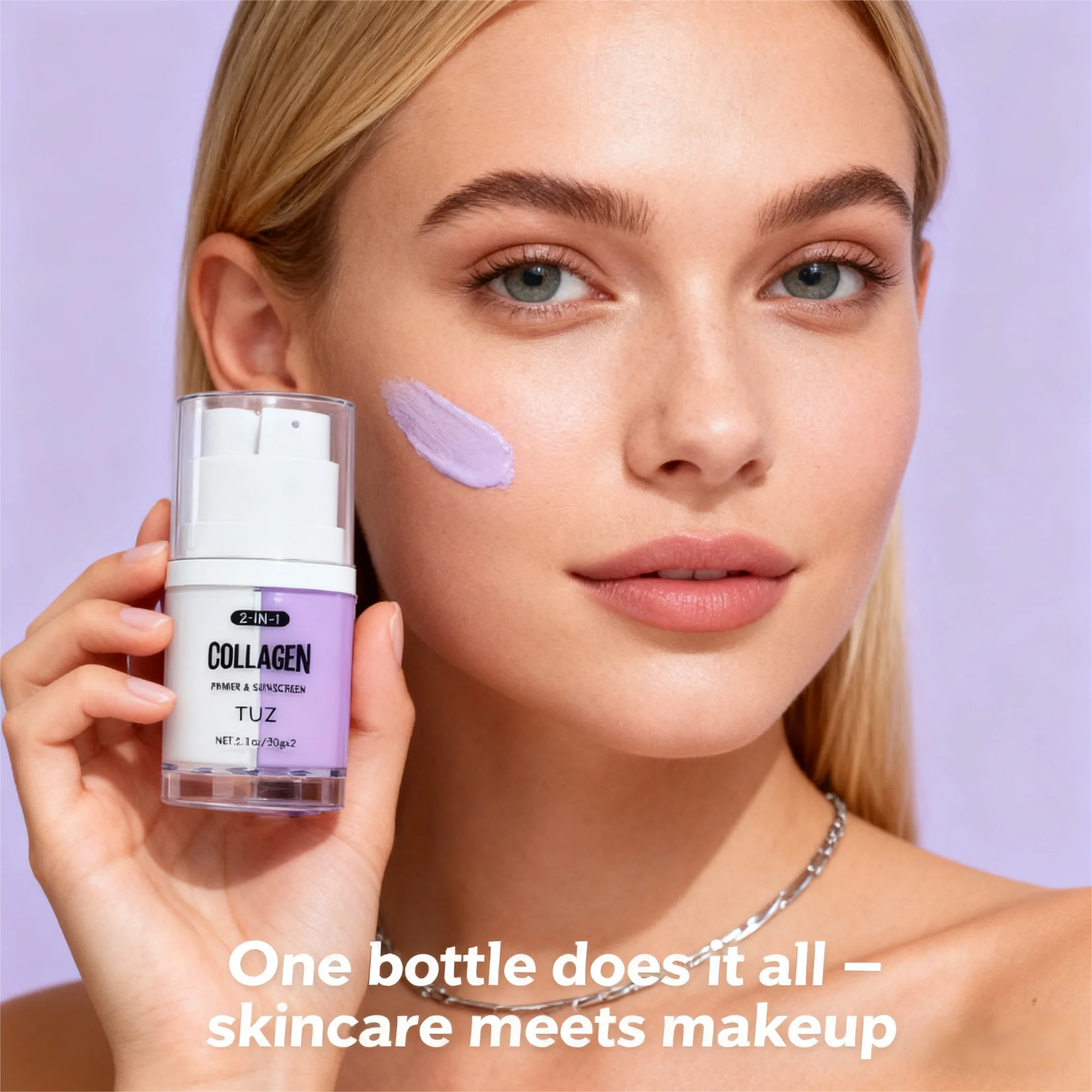 Apprêt et crème solaire 2 en 1 au collagène Spf 50, apprêt pour le visage à double chambre avec protection solaire au collagène et base de maquillage pour une peau impeccable