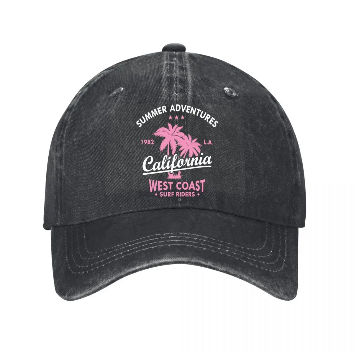 Summer Adventures 1982 LA California West Coast Surf Riders Palm Trees Washed Baseball Cap Outdoor Hat