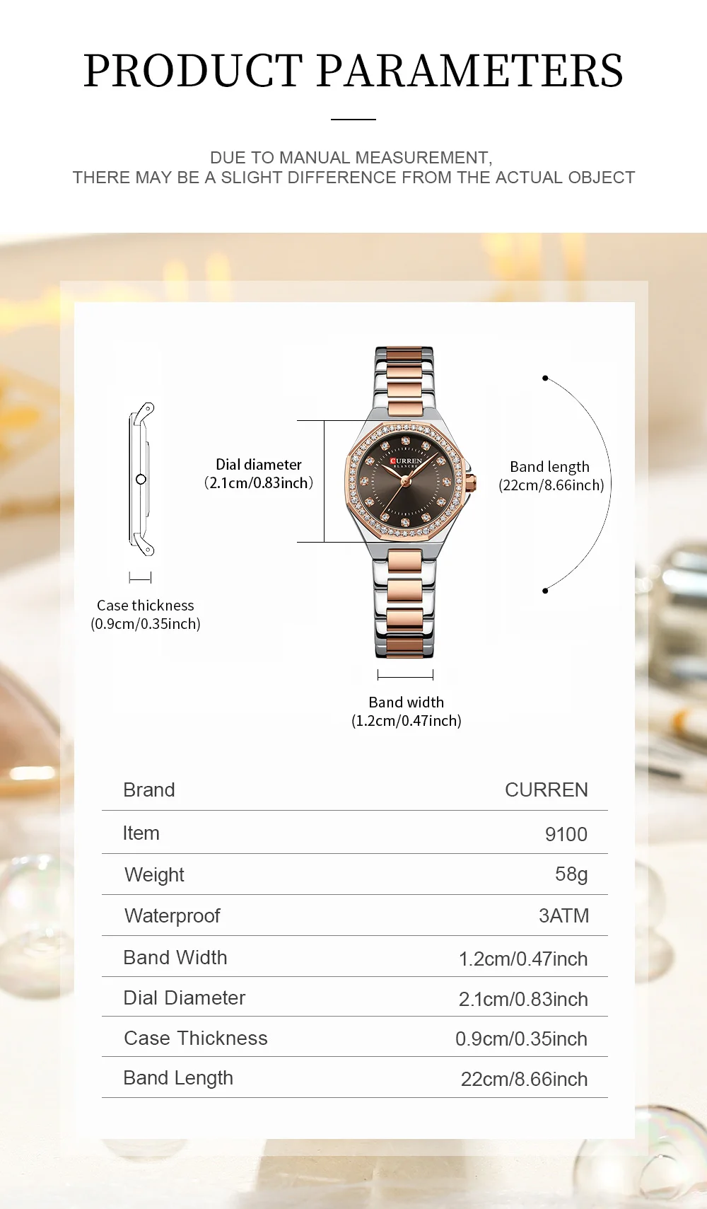 CURREN Modische Damenuhr mit zweifarbigem Edelstahlarmband, Strassbesetzter Lünette, Quarzwerk, Luxuriöses Elegantes Geschenk für Sie – Detail 1