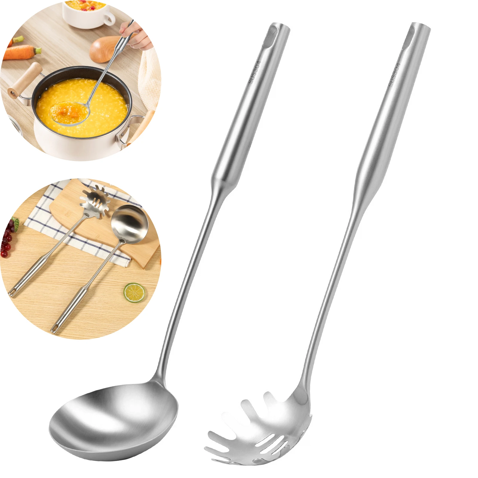 

2Pcs Soup Ladle and Spaghetti Spoon Set 304 Stainless Steel Spaghetti Server Set with Ergonomic Handle for Cooking Stirring