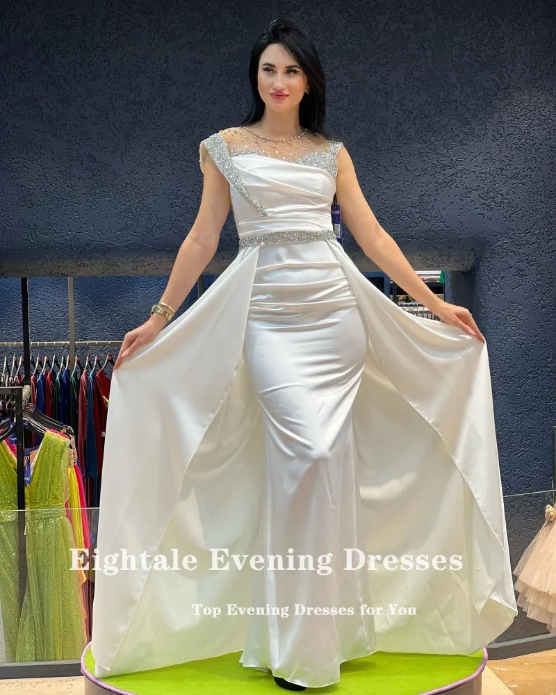 Eightale Emerald Green Evening Dress for Wedding Party Beaded Cap Sleeves Mermaid Satin Arabic Dubai Prom Gowns Celebrity Dress