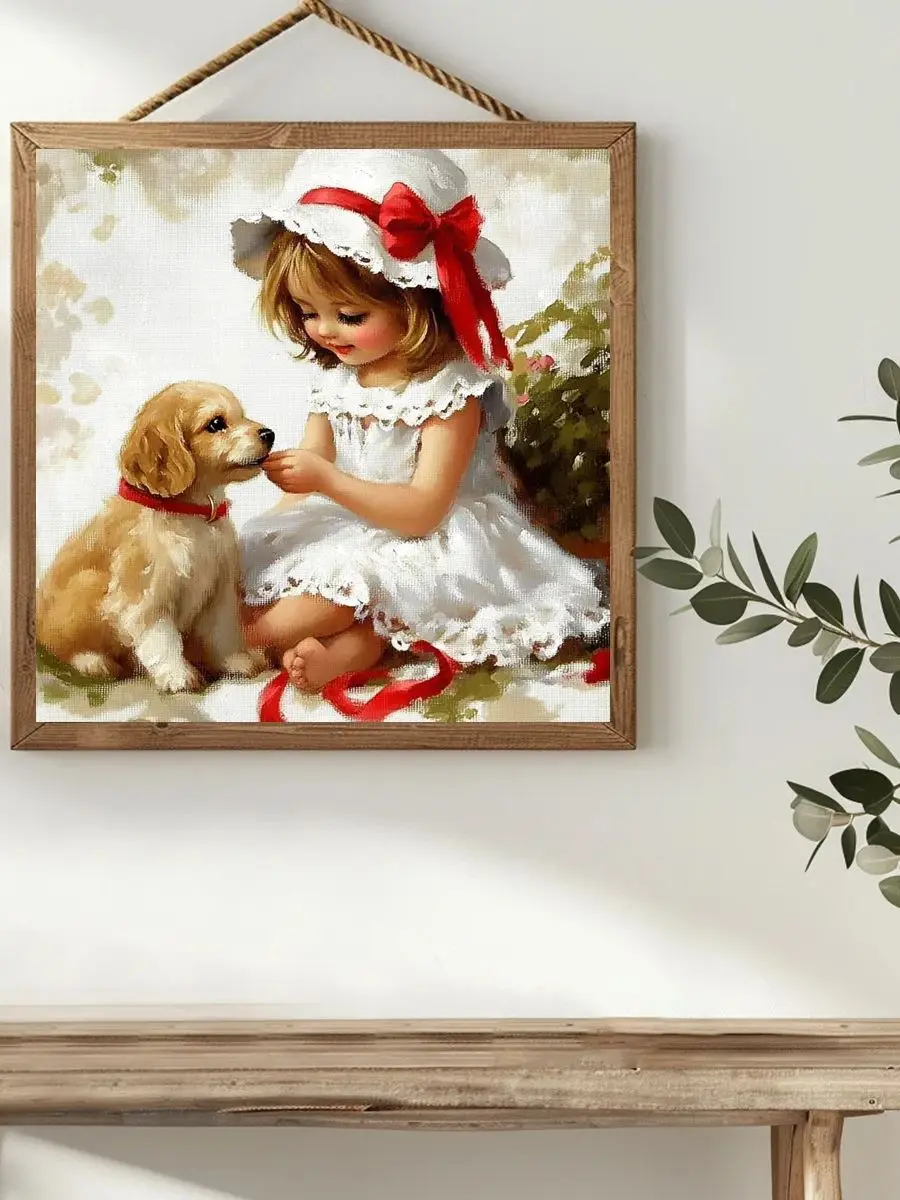 1 Stück 40x40 cm/15,74 Zoll Das kleine Mädchen und der Hund Kreuzstich-Set DIY-Set 11CT/14CT Wandbild als Geschenk Neu eingetroffen – Detail 1