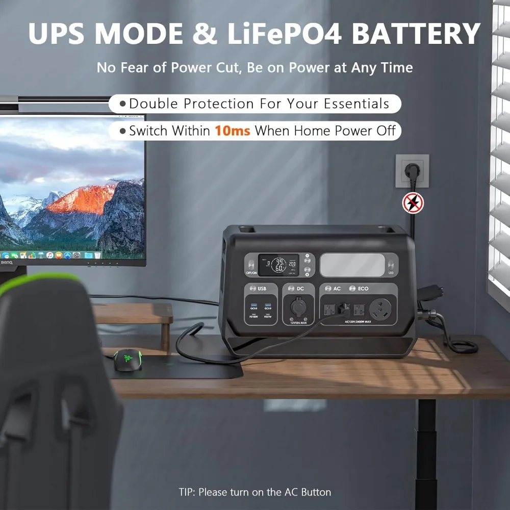 Portable power station 2400W, solar generator with UPS, fully charged within 1.5 hours, 4 AC sockets, outdoor household use